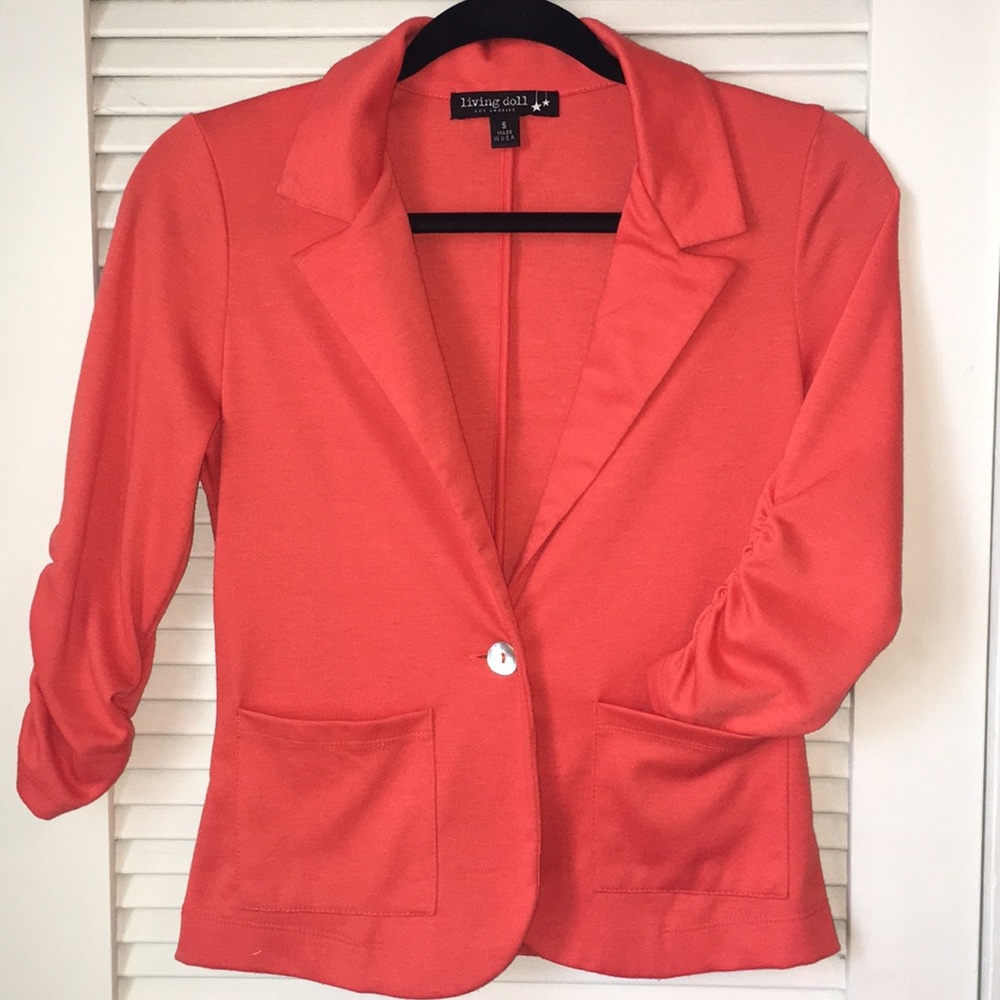 Chic Coral Blazer with Ruched Sleeves!